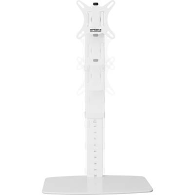 Een verstelbare monitorstandaard in wit, die de hoogteinstelling van 32 tot 56 cm op een schaal toont.