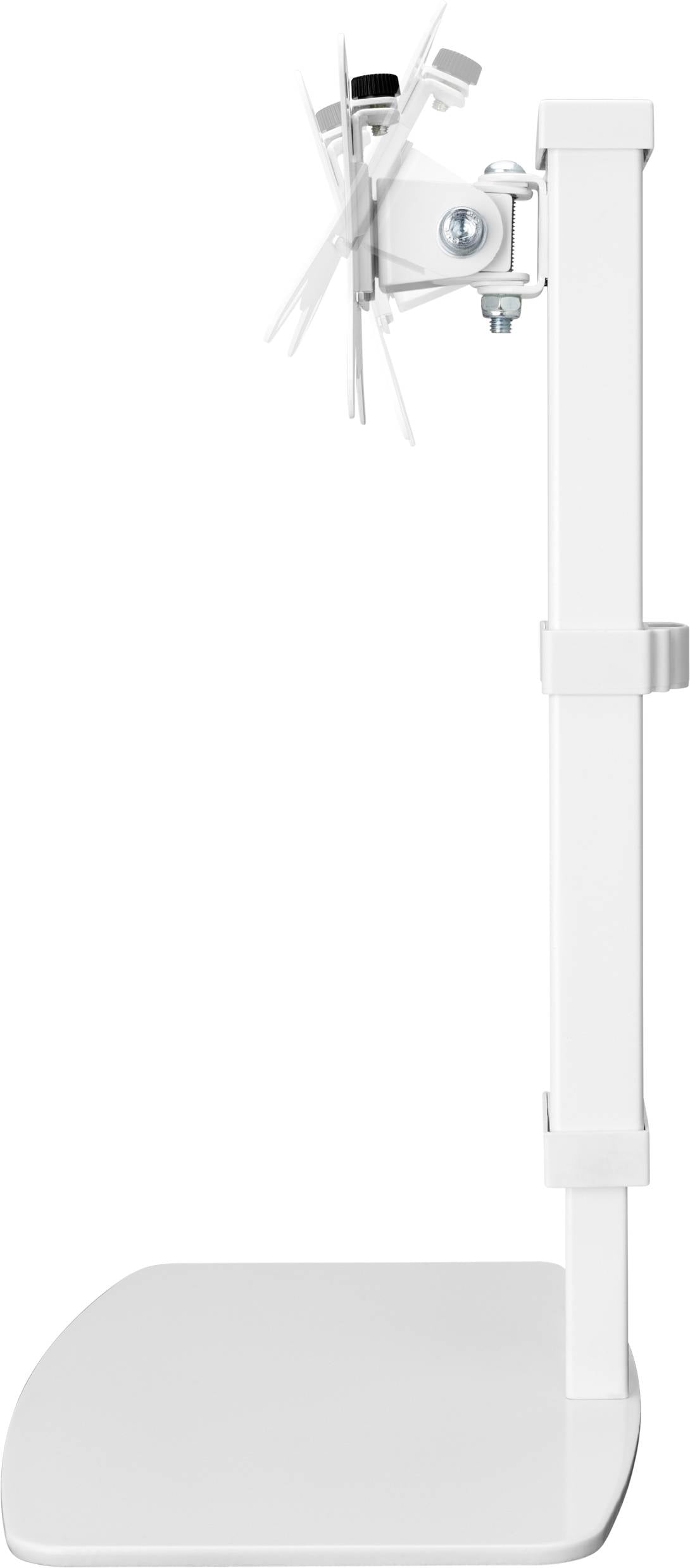 Een witte apparaathouder met verstelbare arm en schroef, gemonteerd op een stabiele voet. Ideaal voor het bevestigen van toebehoren.