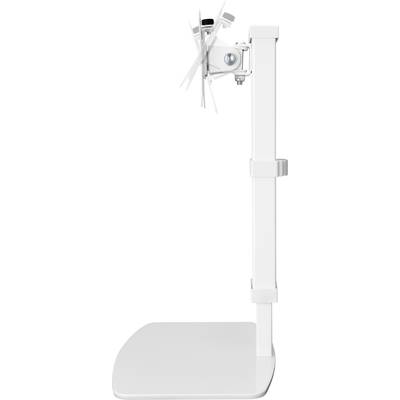 Een witte apparaathouder met verstelbare arm en schroef, gemonteerd op een stabiele voet. Ideaal voor het bevestigen van toebehoren.