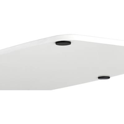 De onderste hoek van een witte tafel met drie zwarte, ronde viltglijders die beschermen tegen krassen op de vloer.