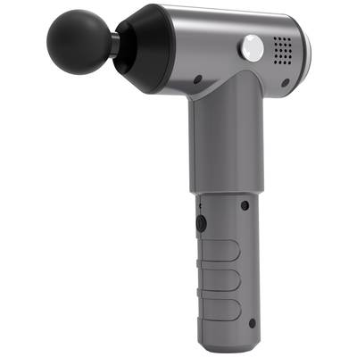 Grijze massagepistool met een ronde opzetstuk, ergonomische handgreep en bedieningsknop aan de voorkant.