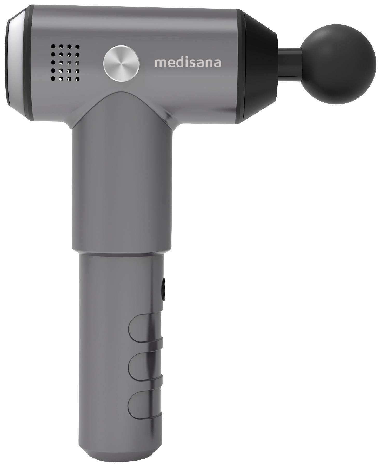 Een grijze massagepistool met een zwarte massagekop, gemarkeerd met 'medisana', weergegeven vanuit een zijperspectief.
