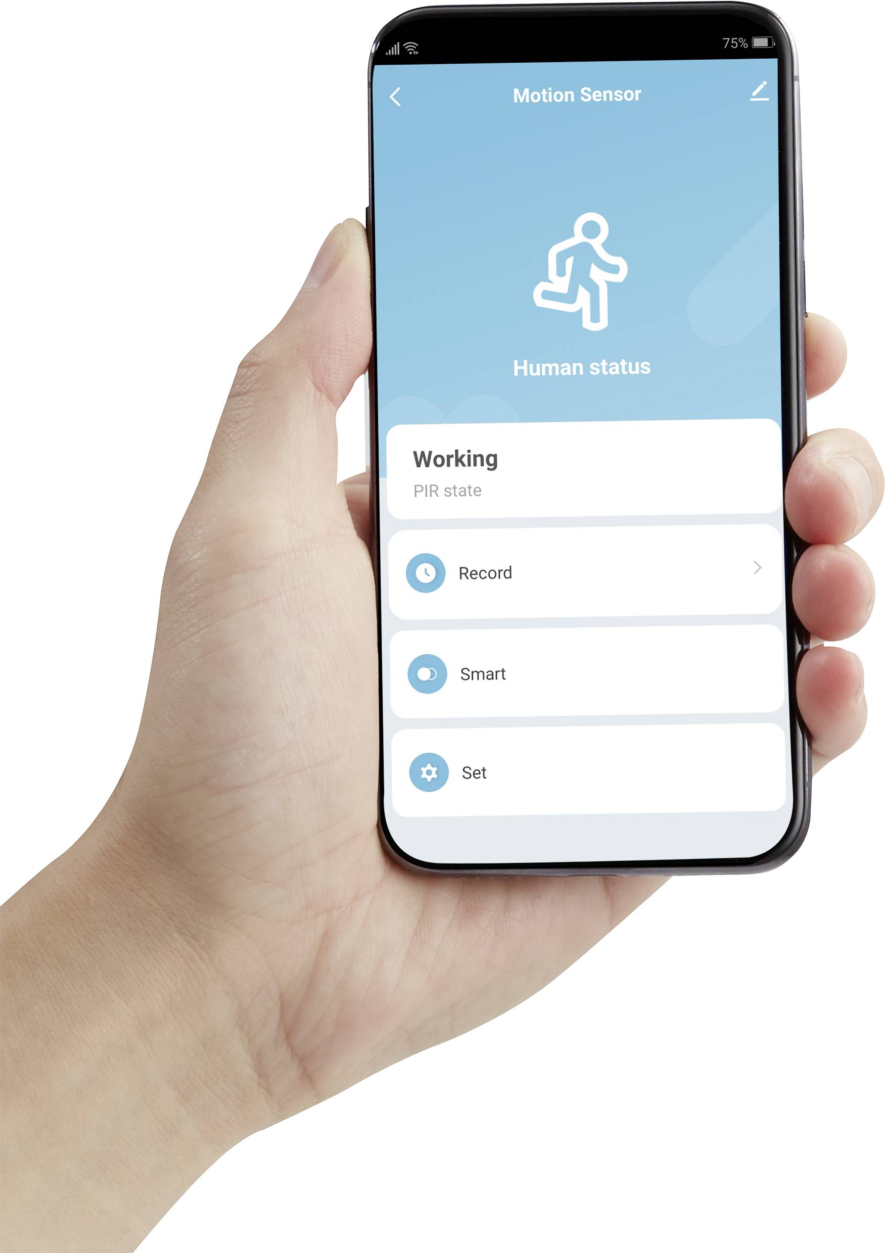 Een hand houdt een smartphone vast met een bewegingssensorapp geopend. Opties op het scherm zijn 'Opnemen', 'Smart' en 'Instellen'.