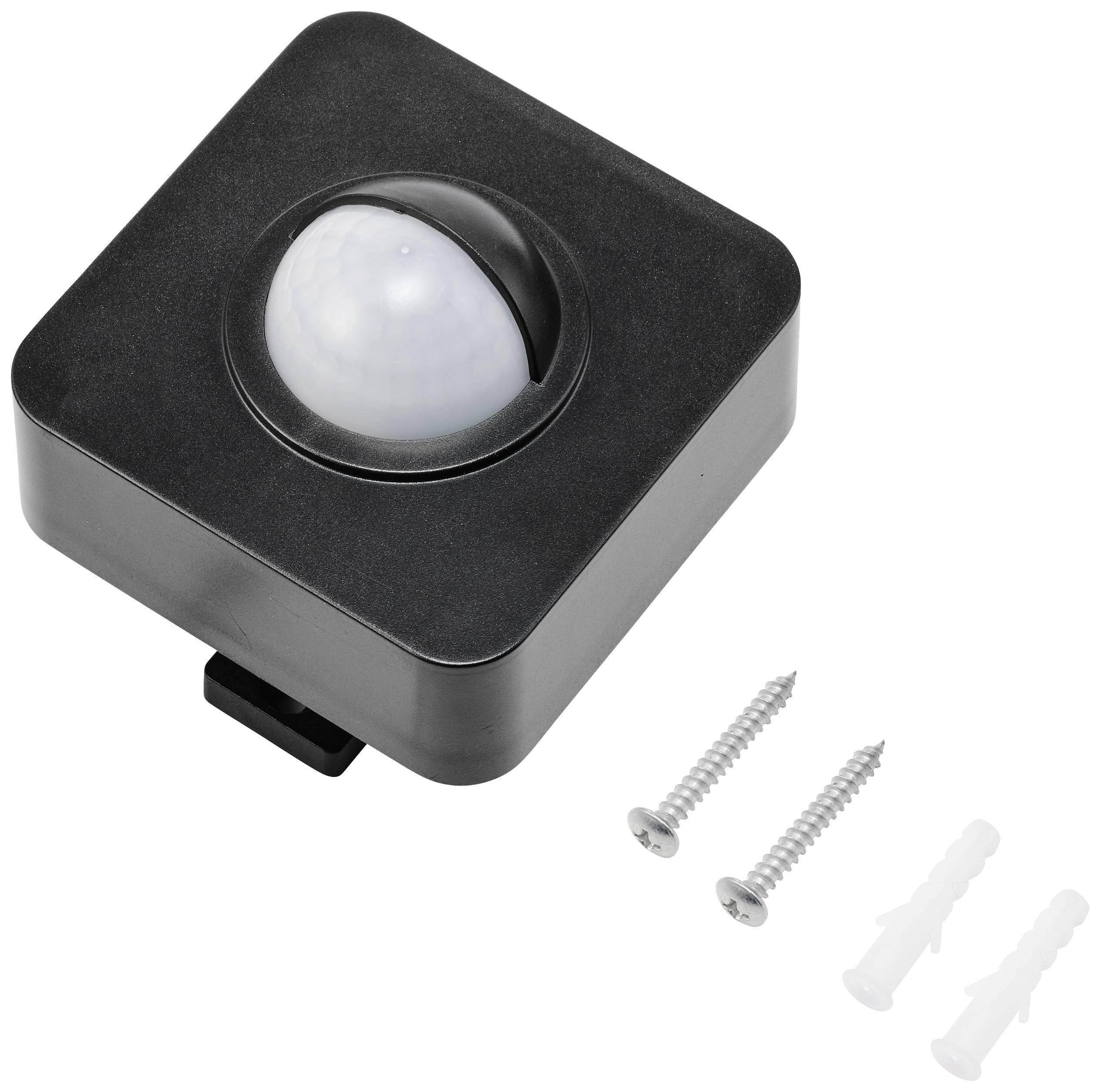 Een vierkante zwarte bewegingssensor met een gebogen lens en twee schroeven met pluggen voor bevestiging.