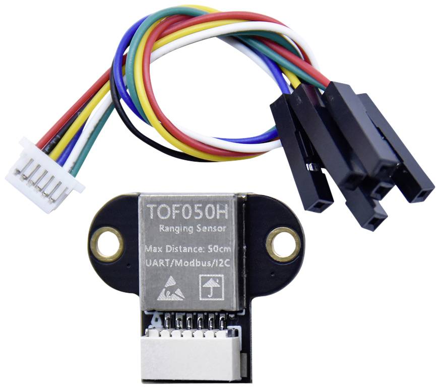 Afstandssensor met gekleurde kabels. Gemerkt met 'TOF050H', maximale afstand 50 cm. Ondersteunt UART/Modbus/I2C.