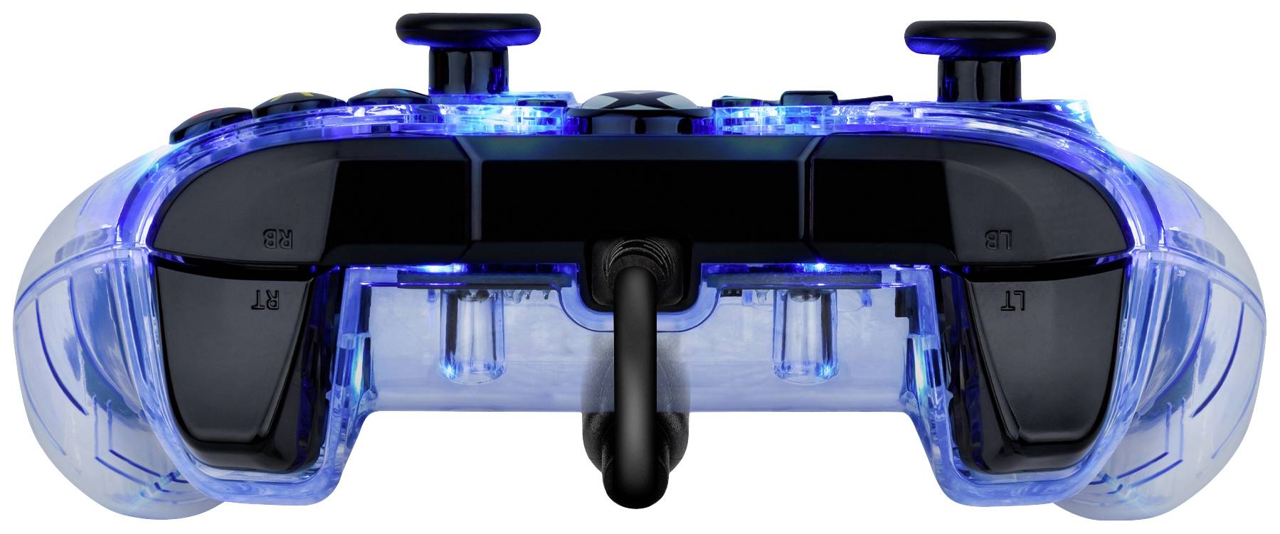 Een transparante blauwe videogamecontroller met verlichte knoppen, vooraanzicht.