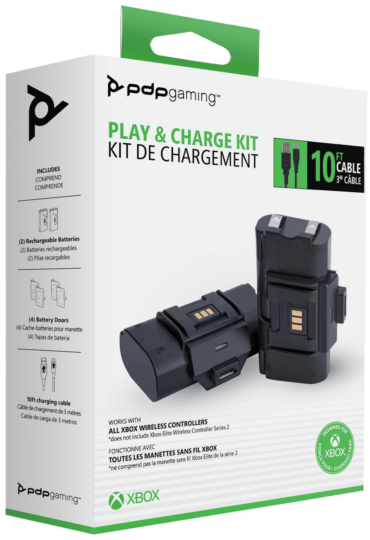 Laad- en speelset voor Xbox-controller. Bevat oplaadbare batterijen, twee batterijdeksels, 3 m kabel. Compatibel met Xbox Series X/S. Merklogo linksboven.