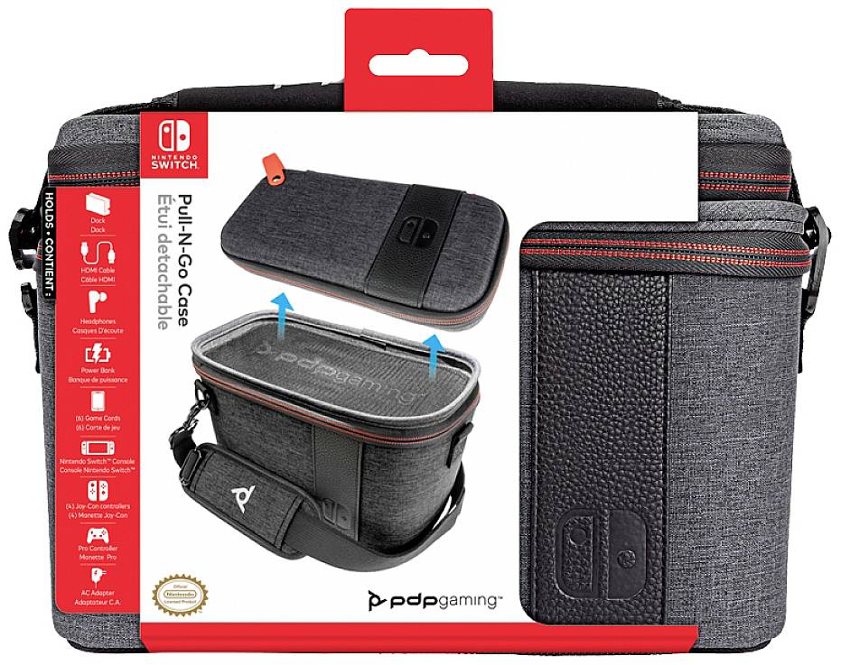 Draagtas voor Nintendo Switch met rits, schouderband en icoonglogo. Verpakking toont productdetails en accessoires.