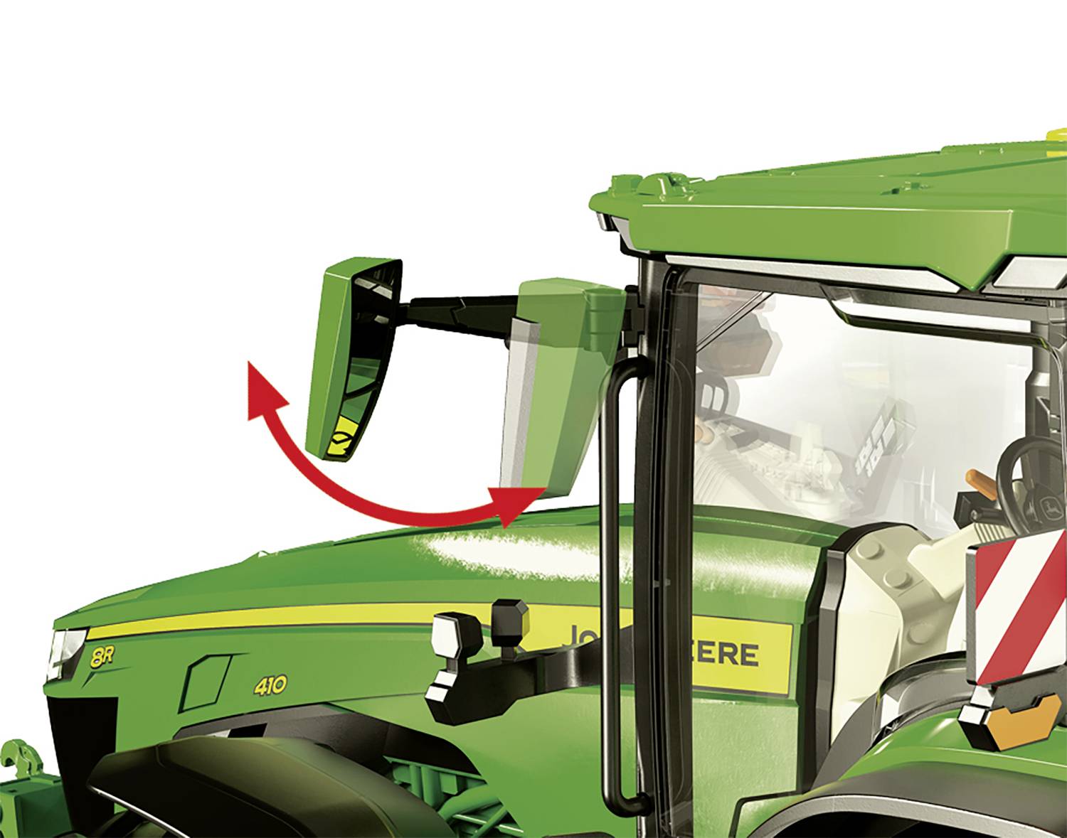 Een groene tractor met een zijspiegel die omhoog is geklapt en wordt aangeduid door twee rode pijlen.