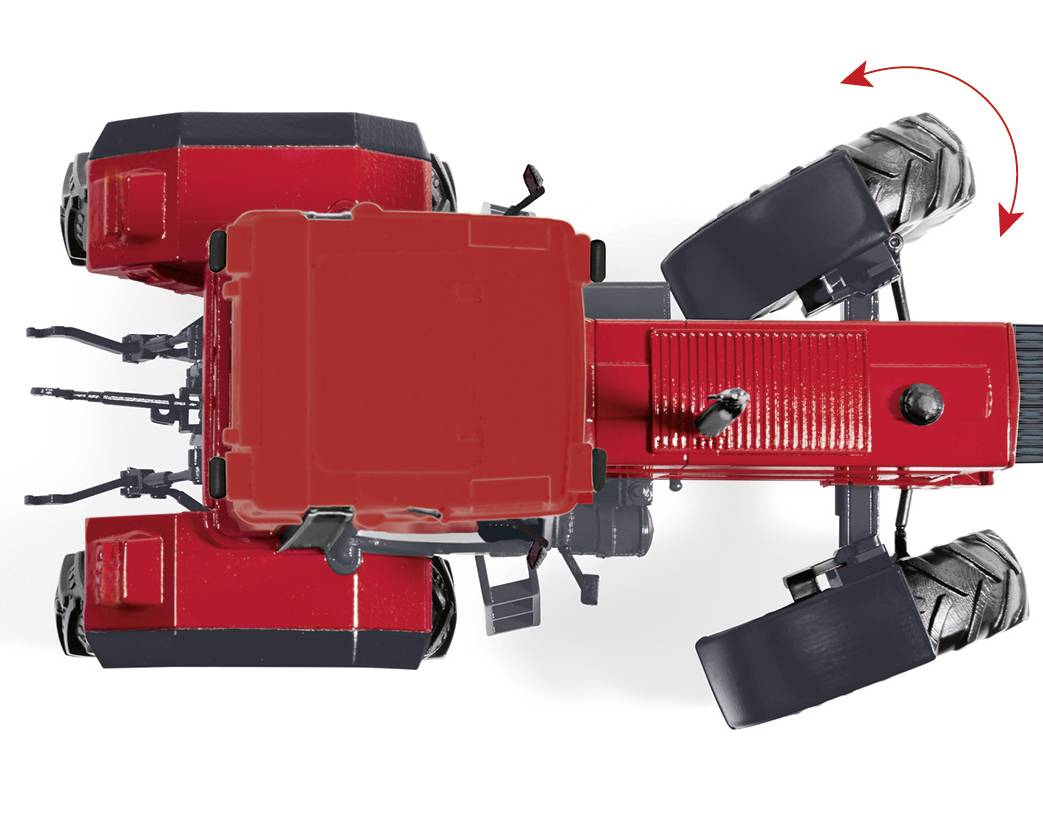 Rode tractor van bovenaf gezien met gedraaide voorwielen die een stuurbeweging aangeven.
