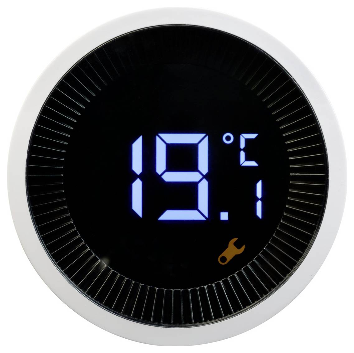 Digitale thermometerscherm in circulaire vorm met weergave van 19,1°C en een moersleutel pictogram dat service- of onderhoudsmodus aangeeft.
