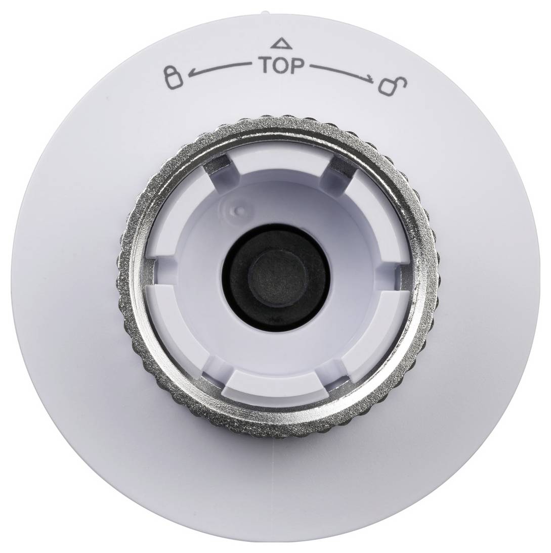 Bovenaanzicht van een circulair apparaat met een centrale zwarte knop of lens, omgeven door een witte ring gelabeld 'BOVENKANT' en vergrendelings-/ontgrendelingspijlen.
