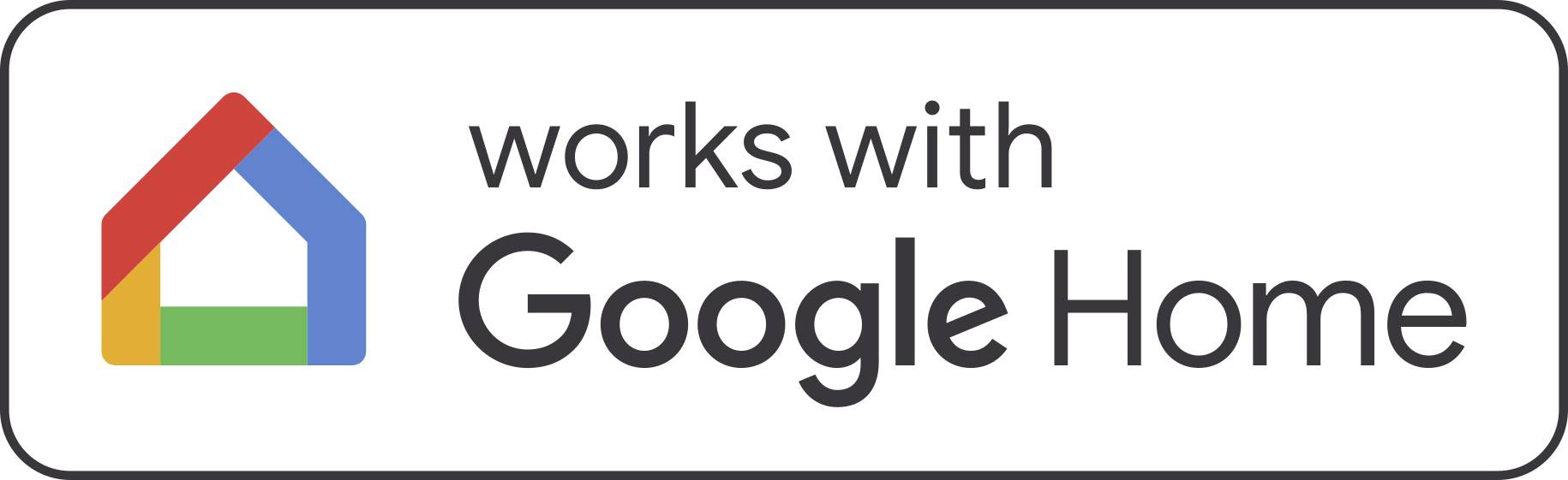 Logo met de tekst "werkt met Google Home" met het Google Home huispictogram aan de linkerkant.