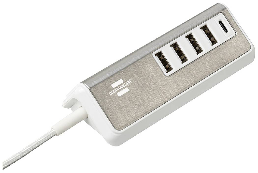 USB-hub met vijf poorten en geborsteld metalen ontwerp. Verbindt meerdere USB-apparaten met een enkele aansluiting.