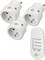 Drie witte insteekbare draadloze afstandsbediening stopcontacten en een handheld afstandsbediening met 3 knoppen gelabeld A, B, C met Aan/Uit.