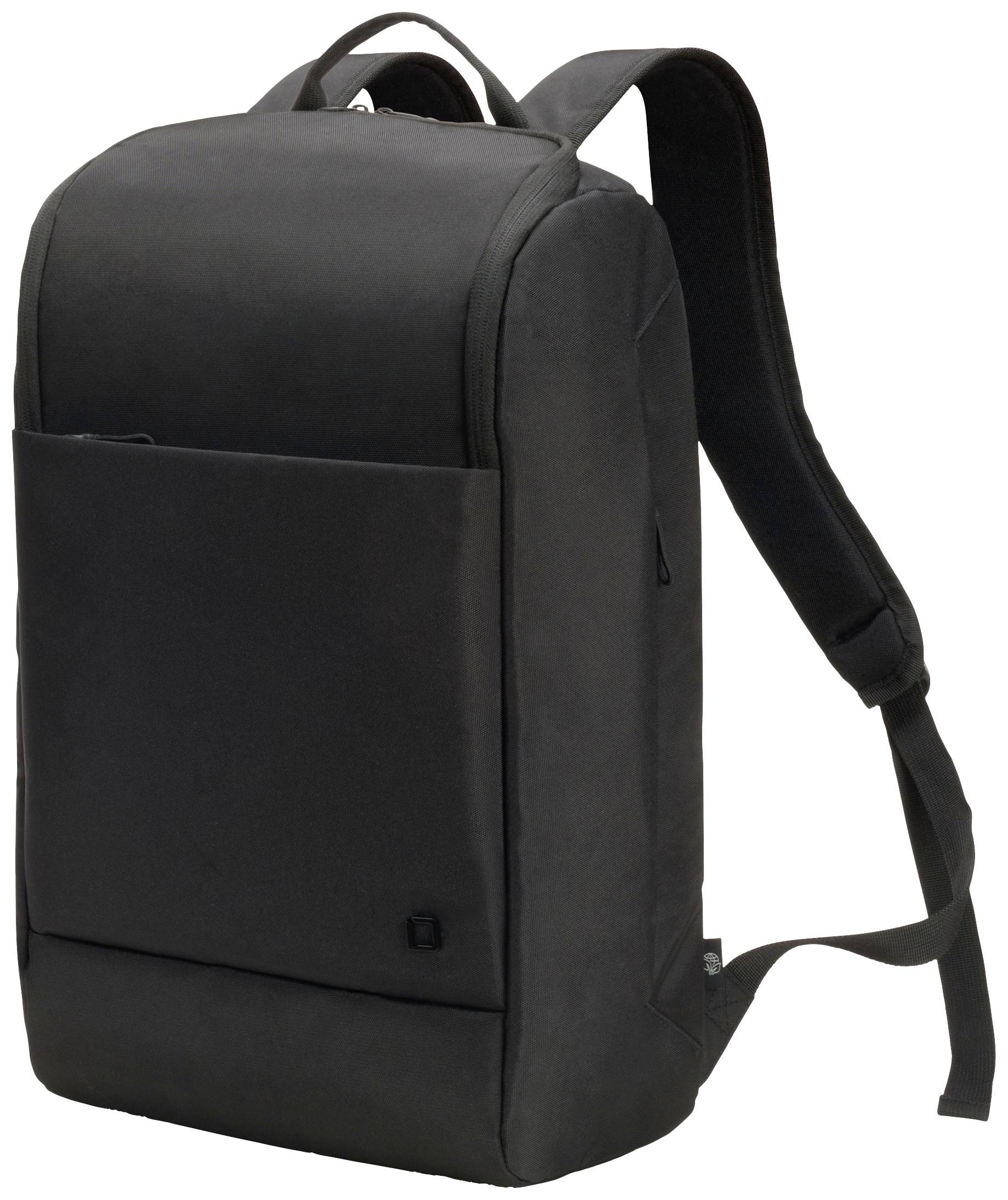 Zwarte rugzak met minimalistisch design, twee schouderbanden, groot voorvak en stevig handvat bovenaan.