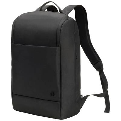 Zwarte rugzak met minimalistisch design, twee schouderbanden, groot voorvak en stevig handvat bovenaan.