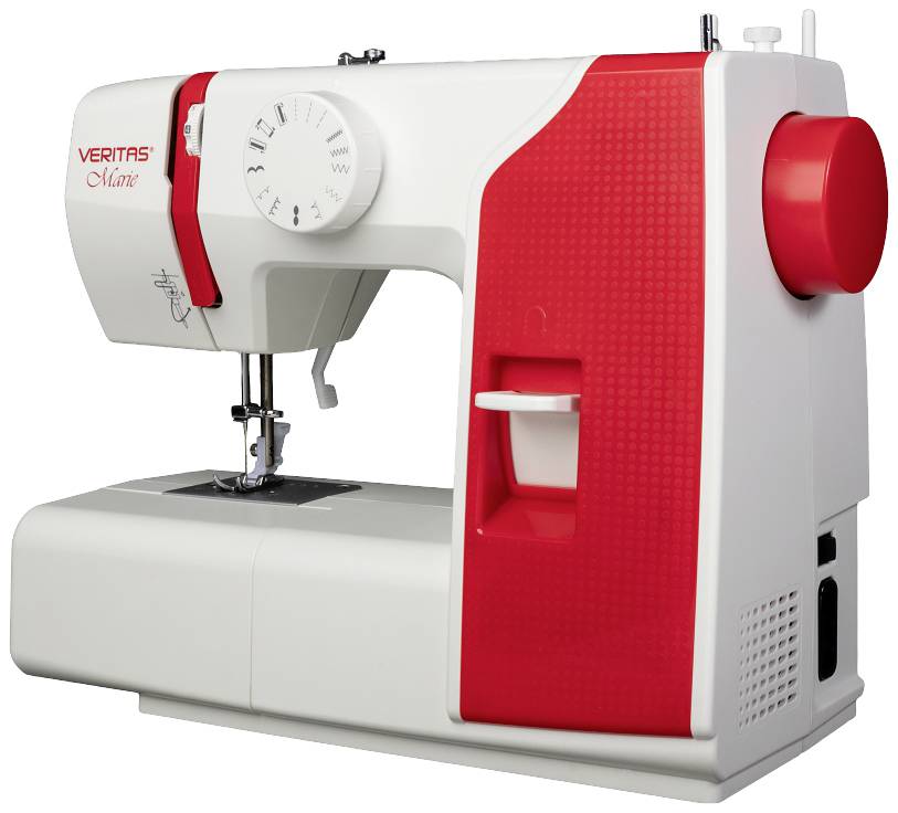 Naaimachine met rode accenten, merknaam 'Veritas'. Hij beschikt over een cijferring voor steekinstelling en een invoermogelijkheid voor naaigaren.
