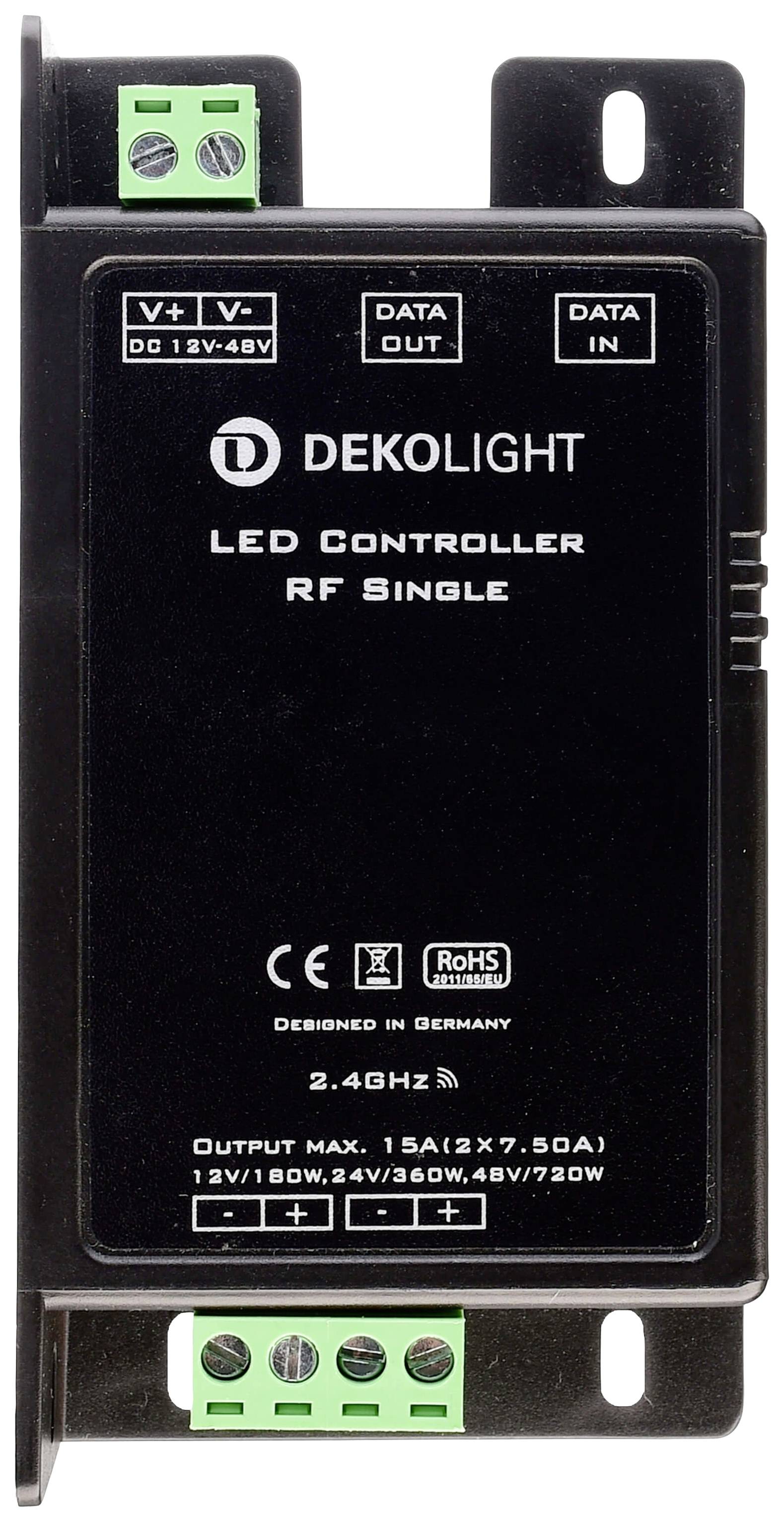 'DEKOLIGHT LED-controller RF Single' met aansluitingen boven en onder, 12-48V DC, 2,4 GHz draadloze besturing, in Duitsland ontworpen.