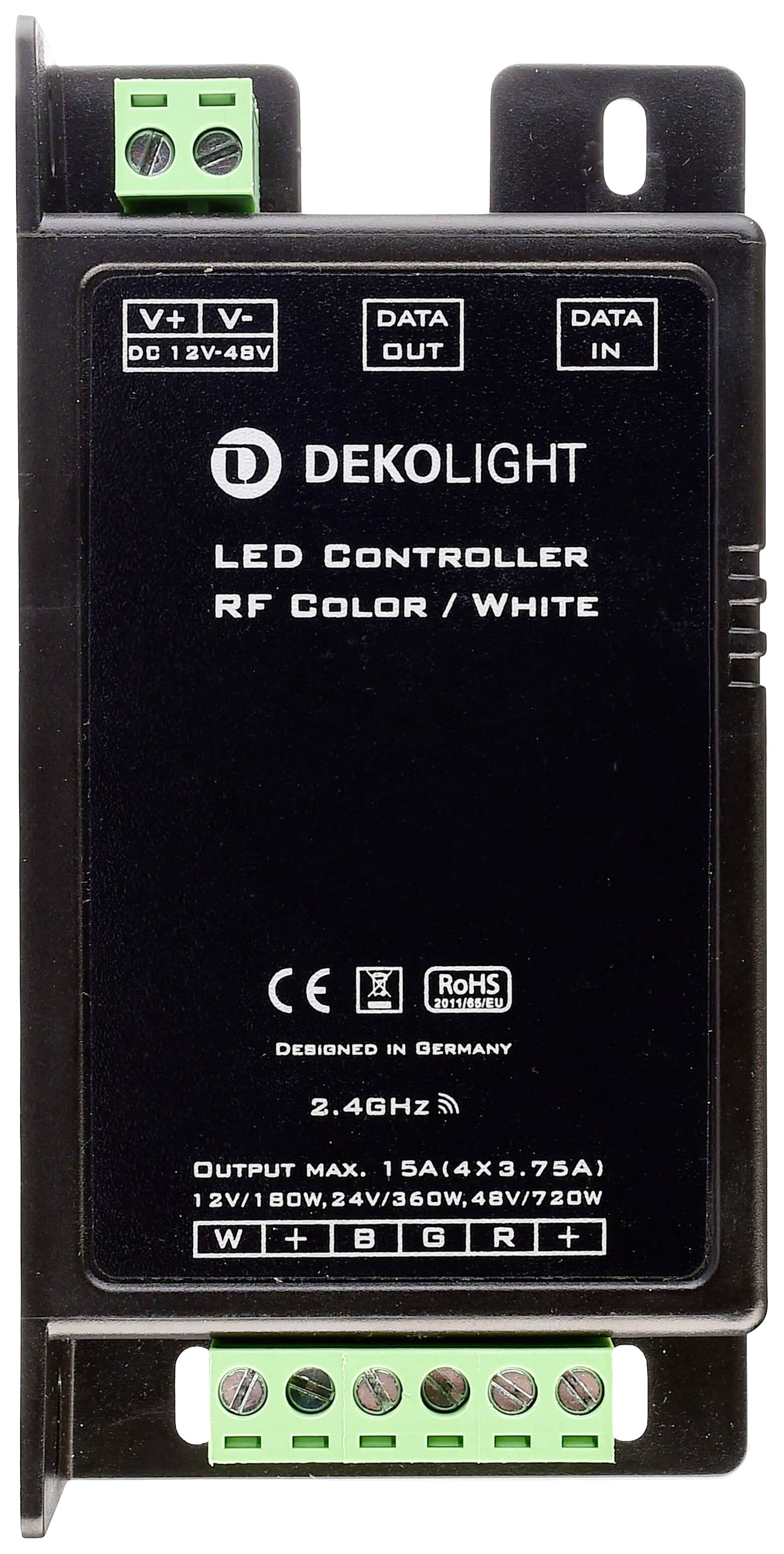LED-controller van DEKOLIGHT, geschikt voor RF-kleur- en witregeling, met technische details zoals ingang 12-48V en uitgang maximaal 15A.
