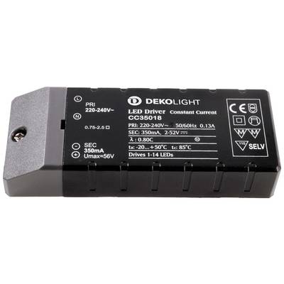 Een LED-driver van Dekolight, ingang 220-240V, uitgang 350mA, constante stroom, geschikt voor 1 tot 14 LED's.