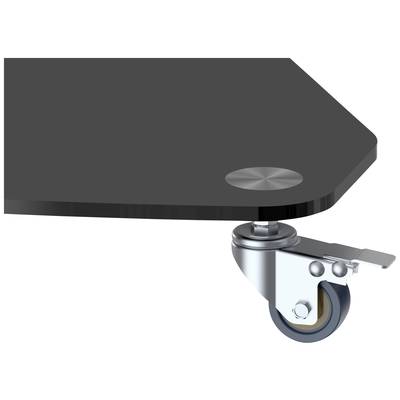Close-up van een donkergrijs meubelstuk met een metalen wiel aan de onderkant, waarschijnlijk een verrijdbare tafel of platform.