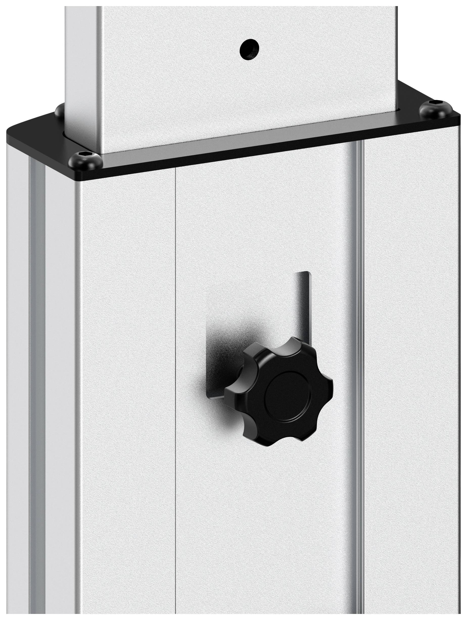 Zilver, rechthoekig aluminiumprofiel met een zwarte knop in het midden aan de zijkant, waarschijnlijk voor hoogteverstelling of bevestiging.