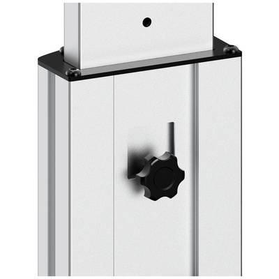 Zilver, rechthoekig aluminiumprofiel met een zwarte knop in het midden aan de zijkant, waarschijnlijk voor hoogteverstelling of bevestiging.