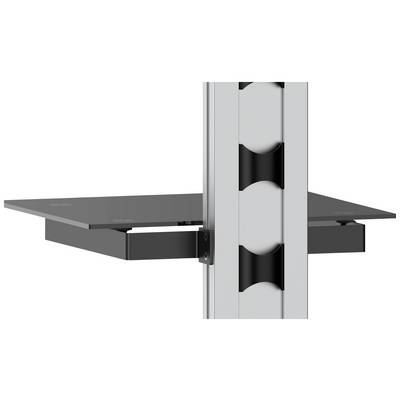 Een zwart rek is gemonteerd aan een zilveren metalen paal, met een modern, functioneel ontwerp voor ruimtebesparende opslag.