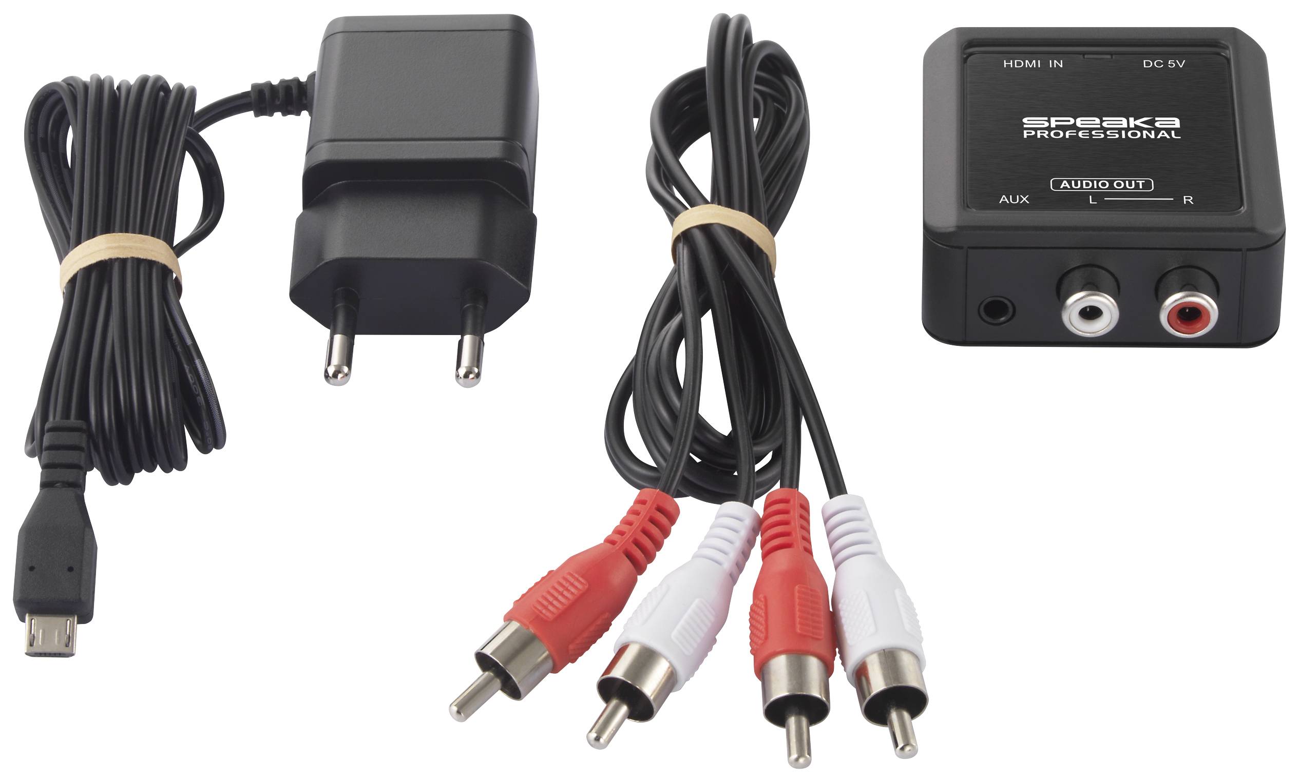 'Elektronica-accessoires: Voedingsadapter met kabel, cinch-kabel in rood-wit en een audioconverter met HDMI-, AUX- en cinch-aansluitingen.'