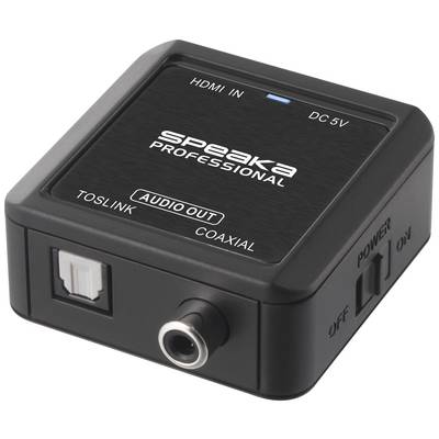 Een zwart glanzende digitaal-naar-analoog-audioconverter met HDMI-ingang, TOSLINK en coaxiale audio-uitgangen, evenals een netschakelaar.