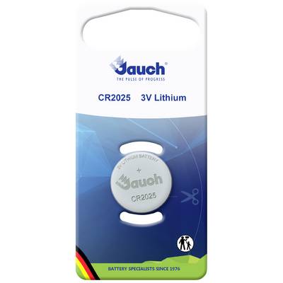 'CR2025 3V lithiumbatterij van Jauch' in een verpakking. Verpakking toont tas- en schaarssymbool als veiligheidsinstructie.