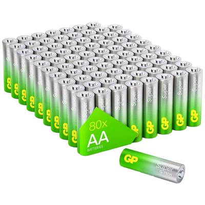 '80 AA-batterijen' in een geordend raster. Merknaam 'GP' duidelijk zichtbaar.