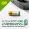 'GP Super Alkaline Batterij' en een apparaat op de achtergrond. Tekst: 'Lekvrije constructie. Maximale veiligheid voor uw apparaten.'