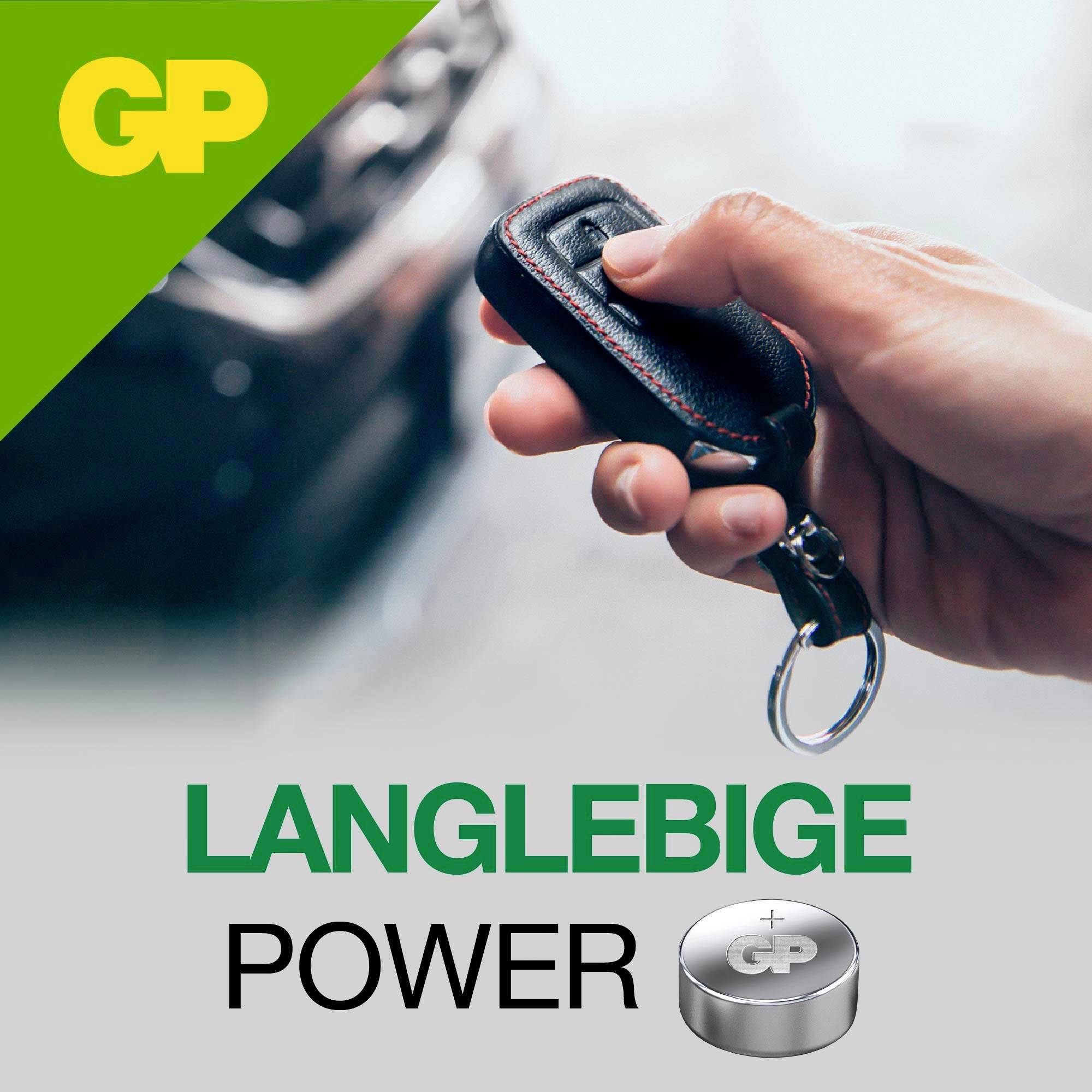 Hand houdt een autosleutelhangers voor een onscherpe auto; Tekst: 'DUURZAME POWER' met GP-logo.