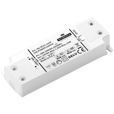 Led-driver met vermogenspecificaties, modelnummer en elektrische specificaties. Behuizing met merklogo en meerdere aansluitpunten.
