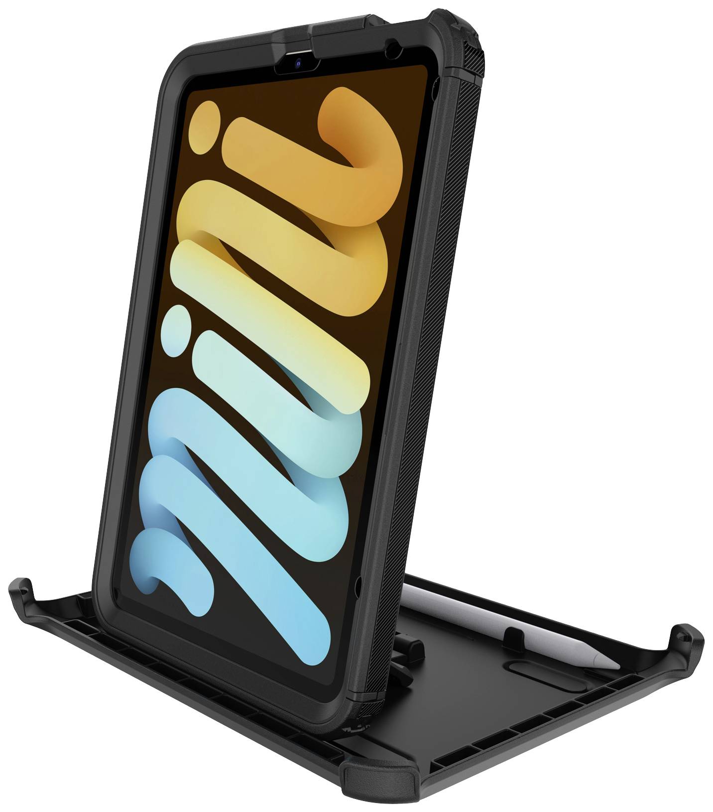 Robuuste tablet met beschermhoes staat op standaard. Het scherm toont het woord 'mini' in kleurrijke letters.