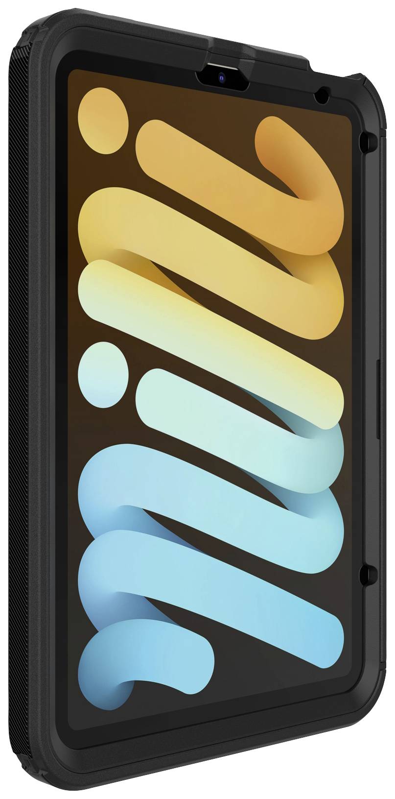 Een smartphone met een robuuste, zwarte behuizing en een scherm dat een kleurrijk, abstract patroon vertoont.