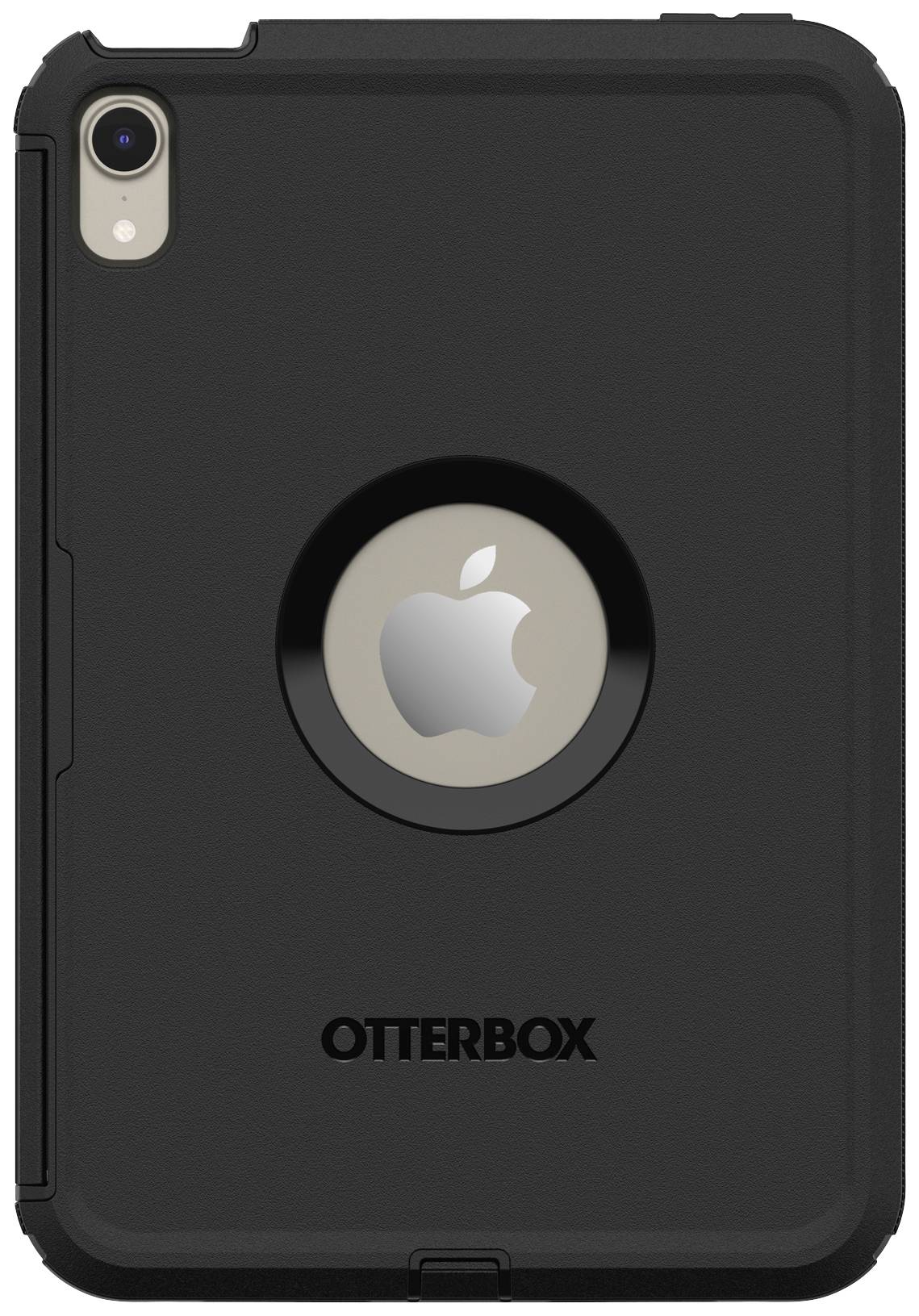 Zwart Otterbox-tablethoes met een rond uitsparing aan de achterkant, waardoor het Apple-logo zichtbaar is. Robuuste beschermhoes voor tablets.