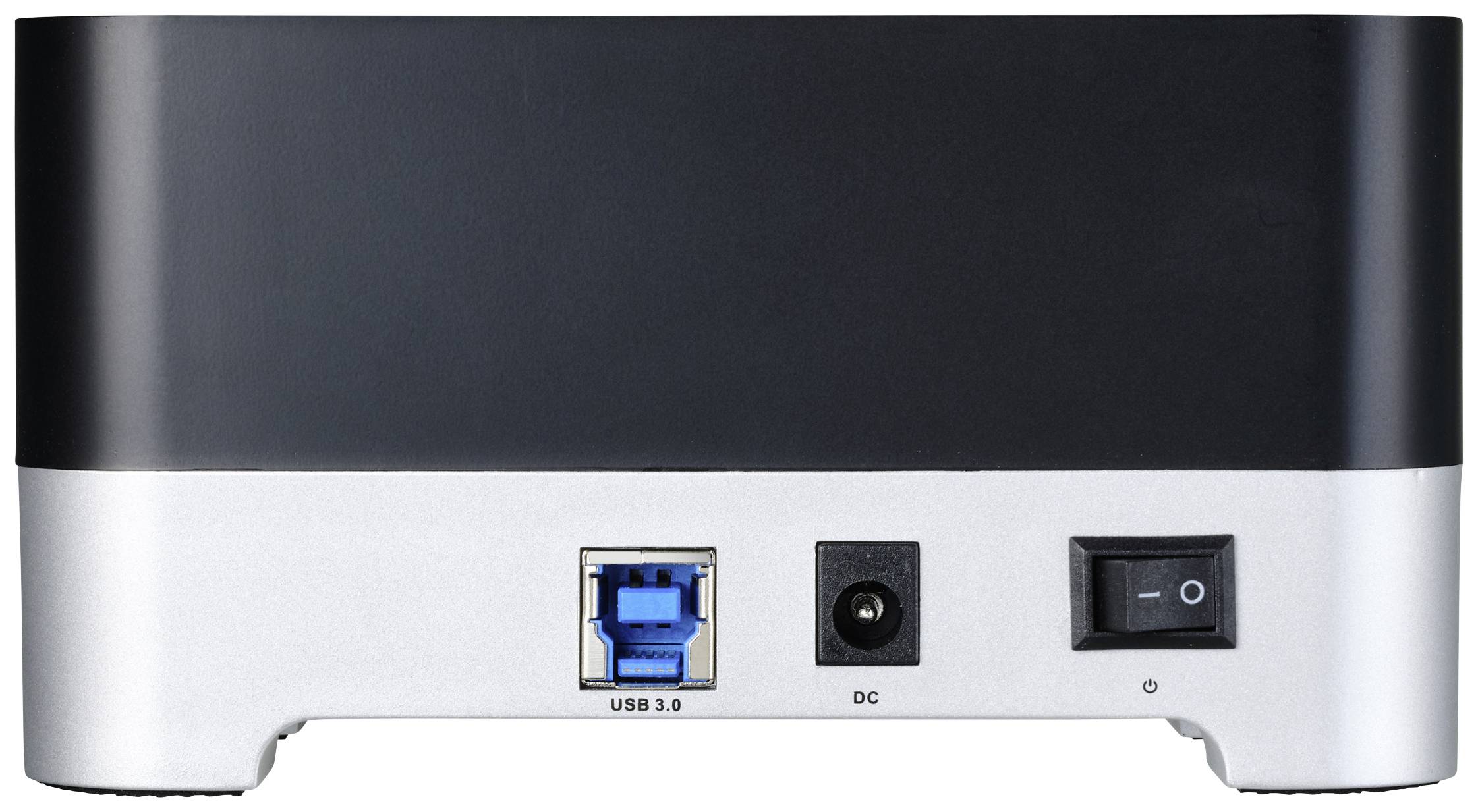 Een zwart en zilver apparaat met aansluitingen: USB 3.0, netvoedingsaansluiting (DC) en aan-/uitschakelaar aan de achterkant.