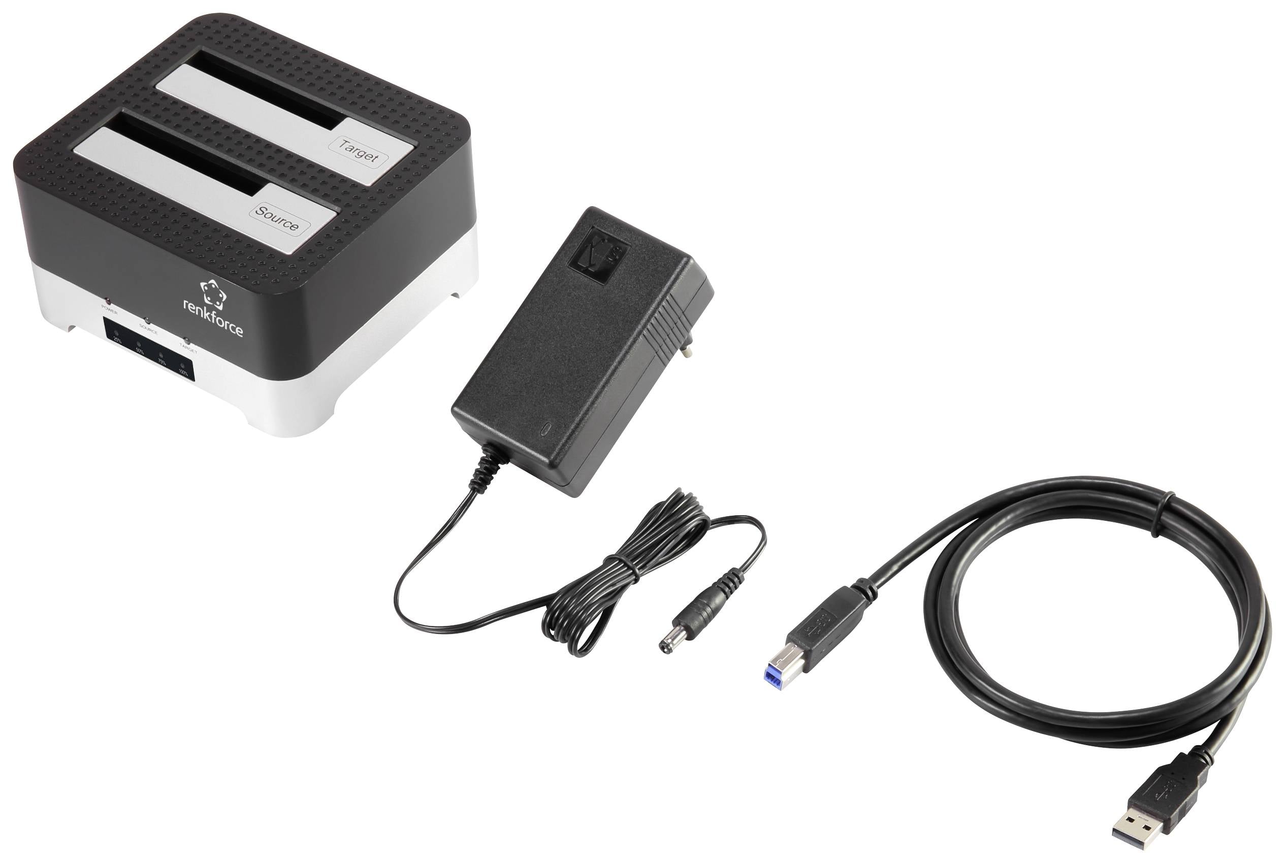 Harde schijf dockingstation met twee sleuven, voedingsadapter en USB-kabel. Ideaal voor het gemakkelijk aansluiten van harde schijven op een computer.