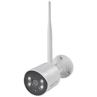 Een bewakingscamera met antenne, gemonteerd op een wandsteun, gericht naar voren. Hij is zilverkleurig met vier LED-lampjes.