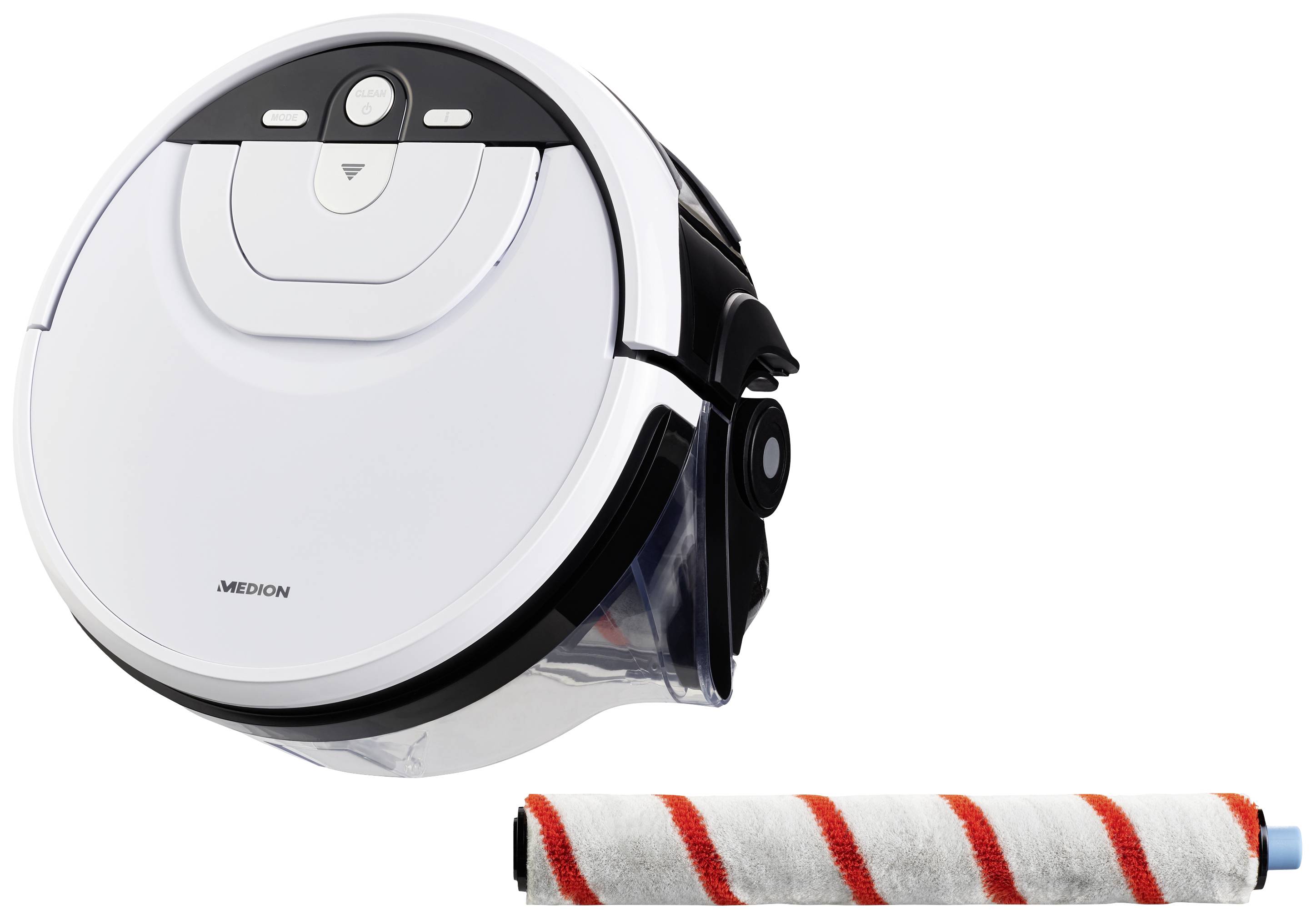 Een witte, ronde robotstofzuiger met een rood-wit gestreepte borstelopzetstuk ernaast.