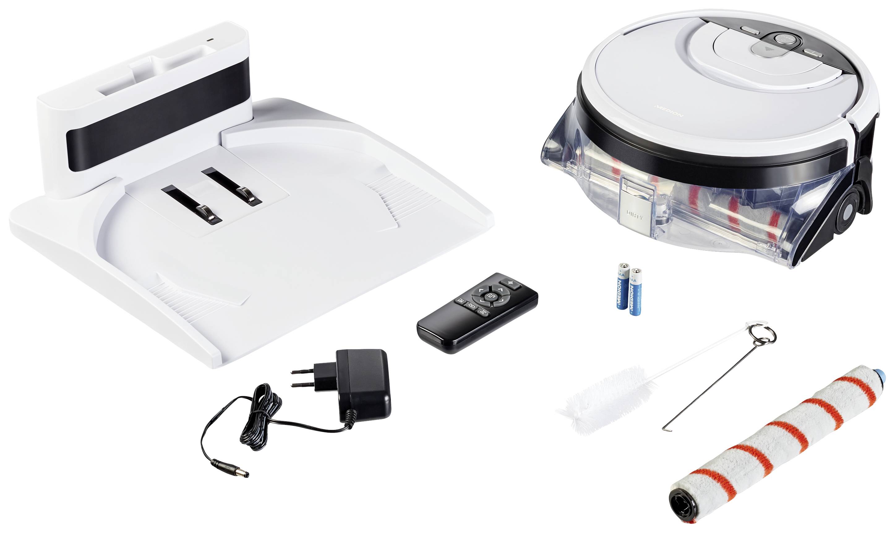 Robotstofzuiger-set met laadstation, afstandsbediening, reinigingsborstel, reserverol, voedingsadapter en batterijen op witte achtergrond.