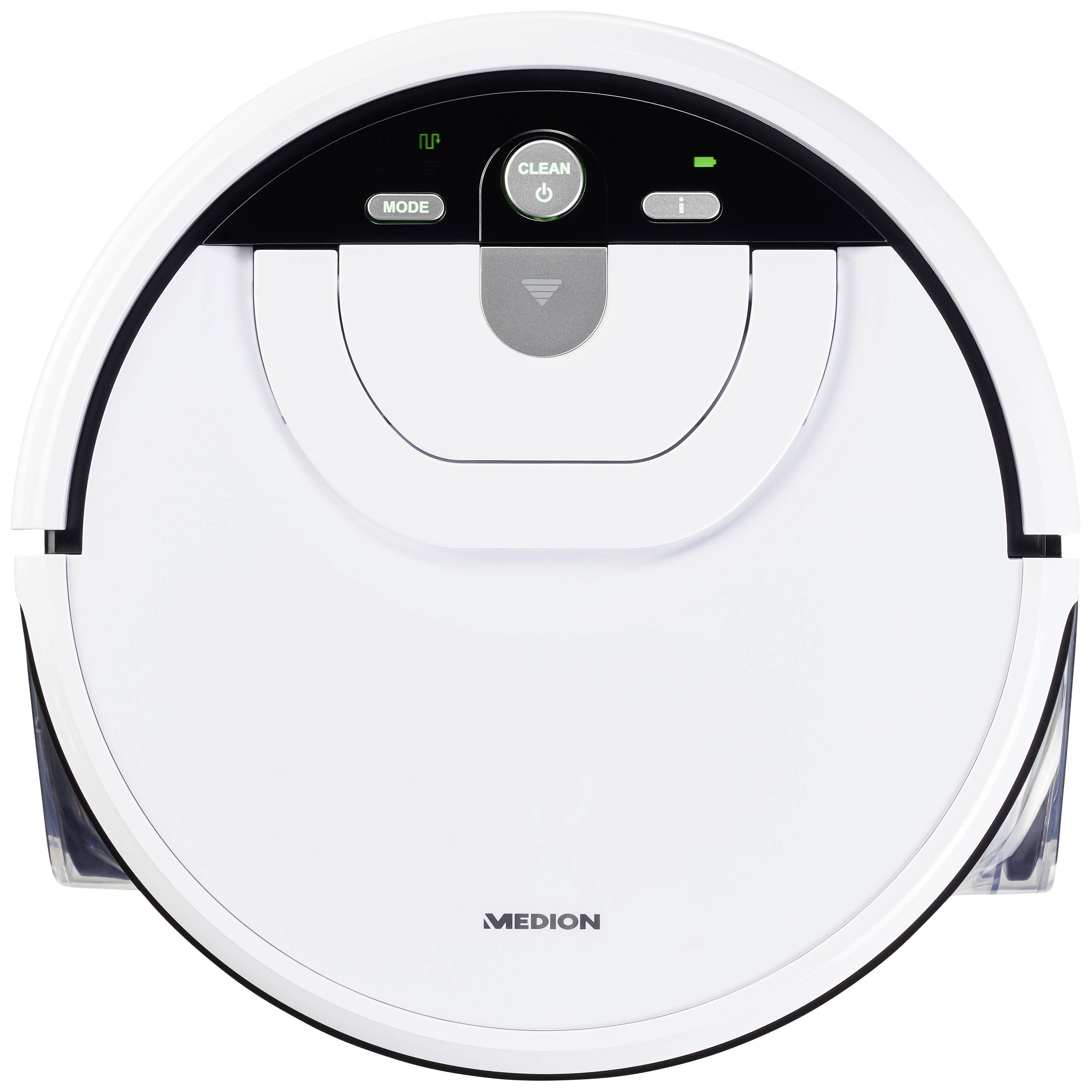 Een witte, ronde robotstofzuiger van Medion met een centrale bedieningsknop en LED-indicatoren voor modus en reinigingsstatus.