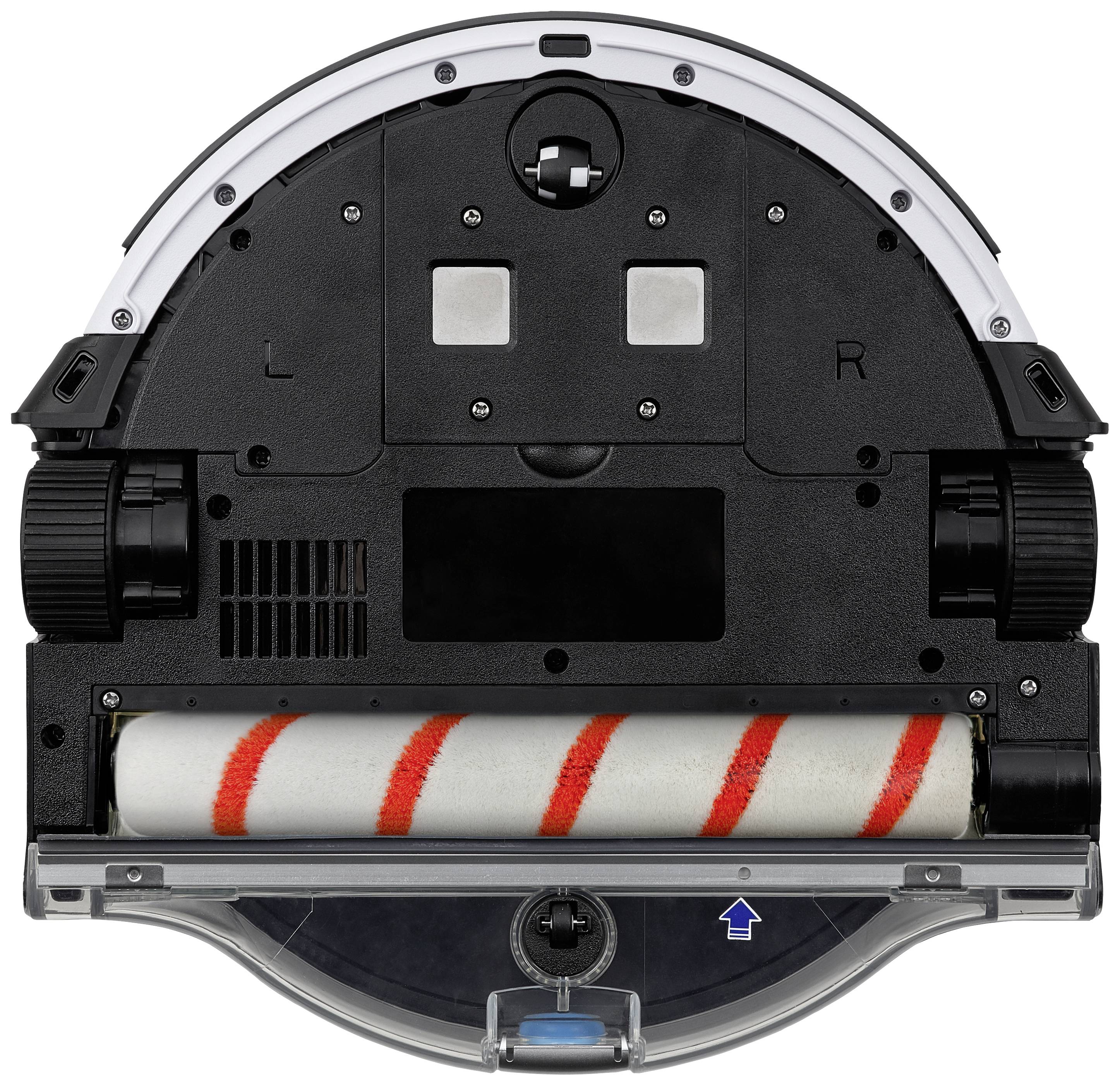 Onderkant van een robotstofzuiger met twee aandrijfwielen, sensoren en een rood-wit gestreepte reinigingsrol.