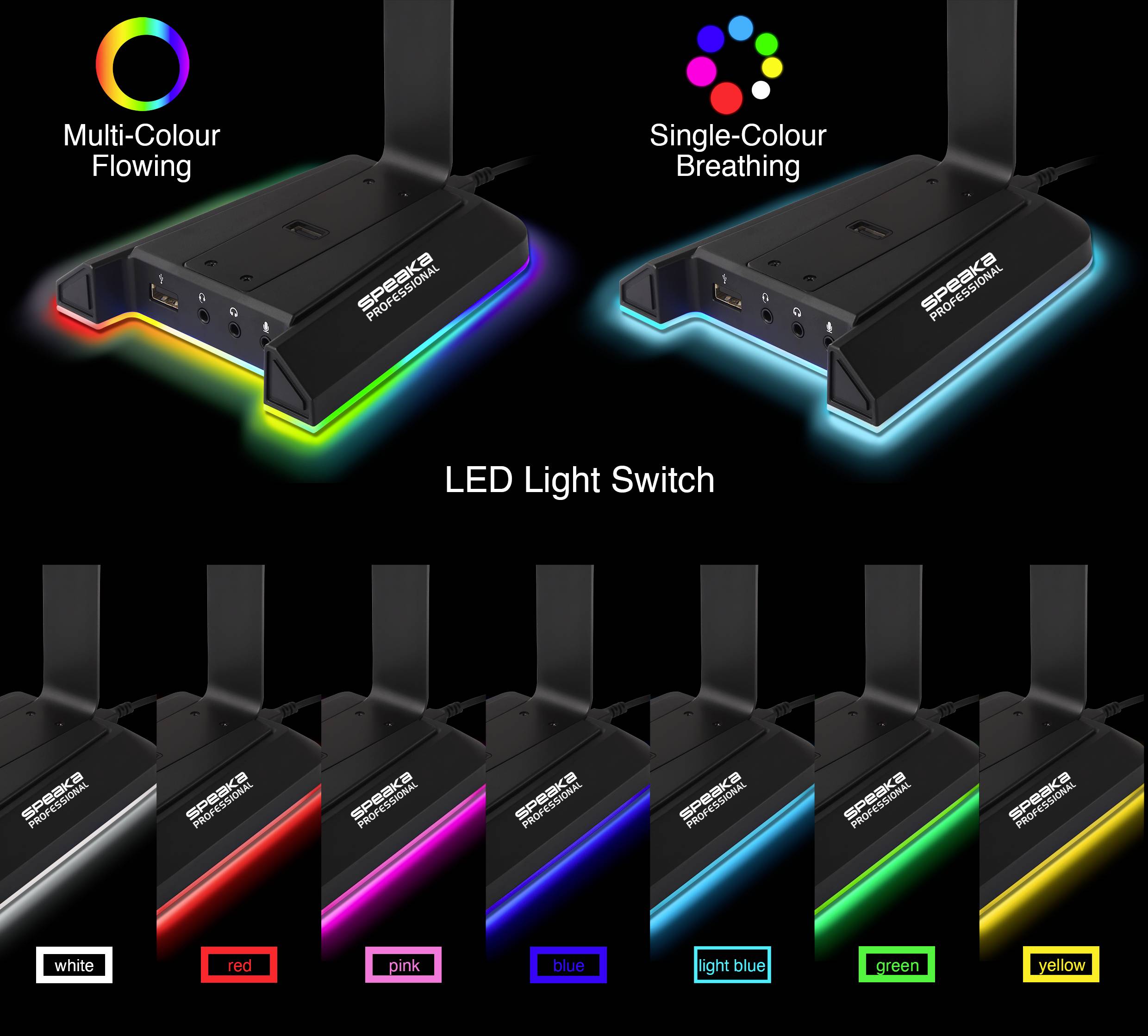 Een LED-lichtschakelaar met twee modi: 'Multi-Colour Flowing' en 'Single-Colour Breathing'. Hieronder zijn de kleuropties: wit, rood, roze, blauw, lichtblauw, groen, geel.