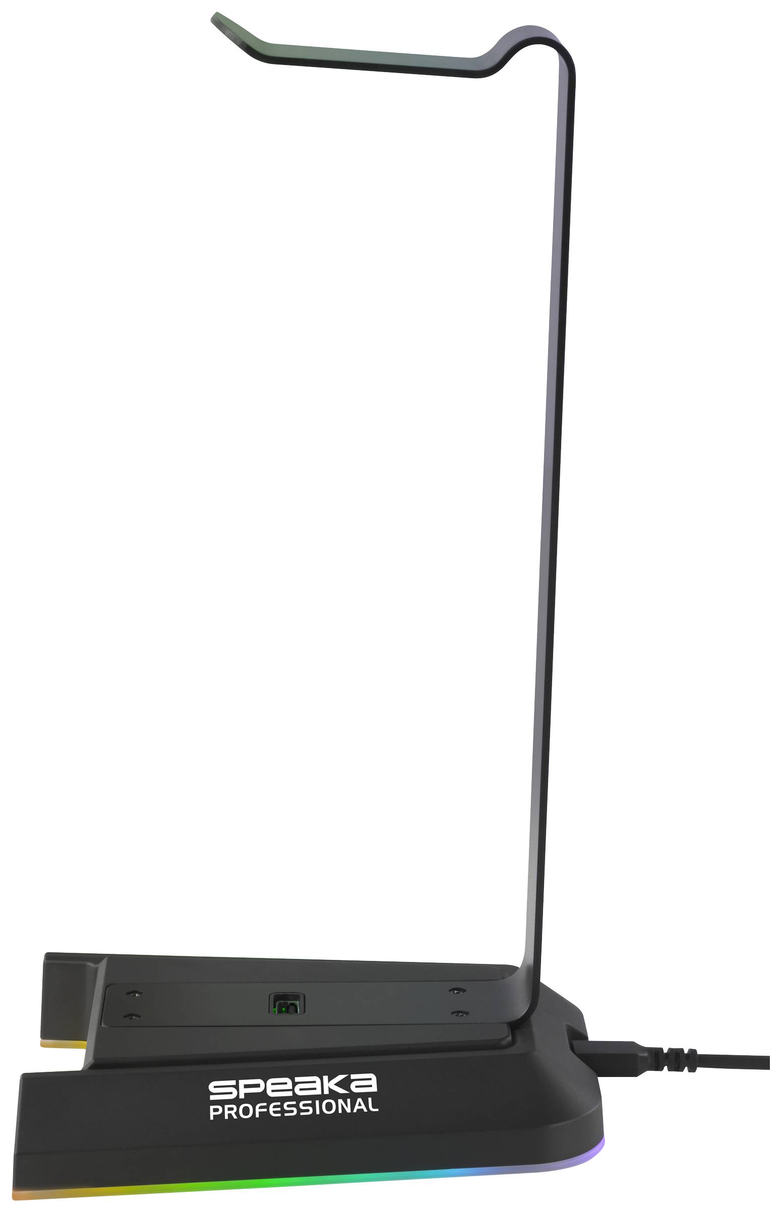 Koptelefoonstandaard van SpeaKa Professional met zwart design en geïntegreerde USB-aansluiting, geschikt voor het opbergen van koptelefoons.