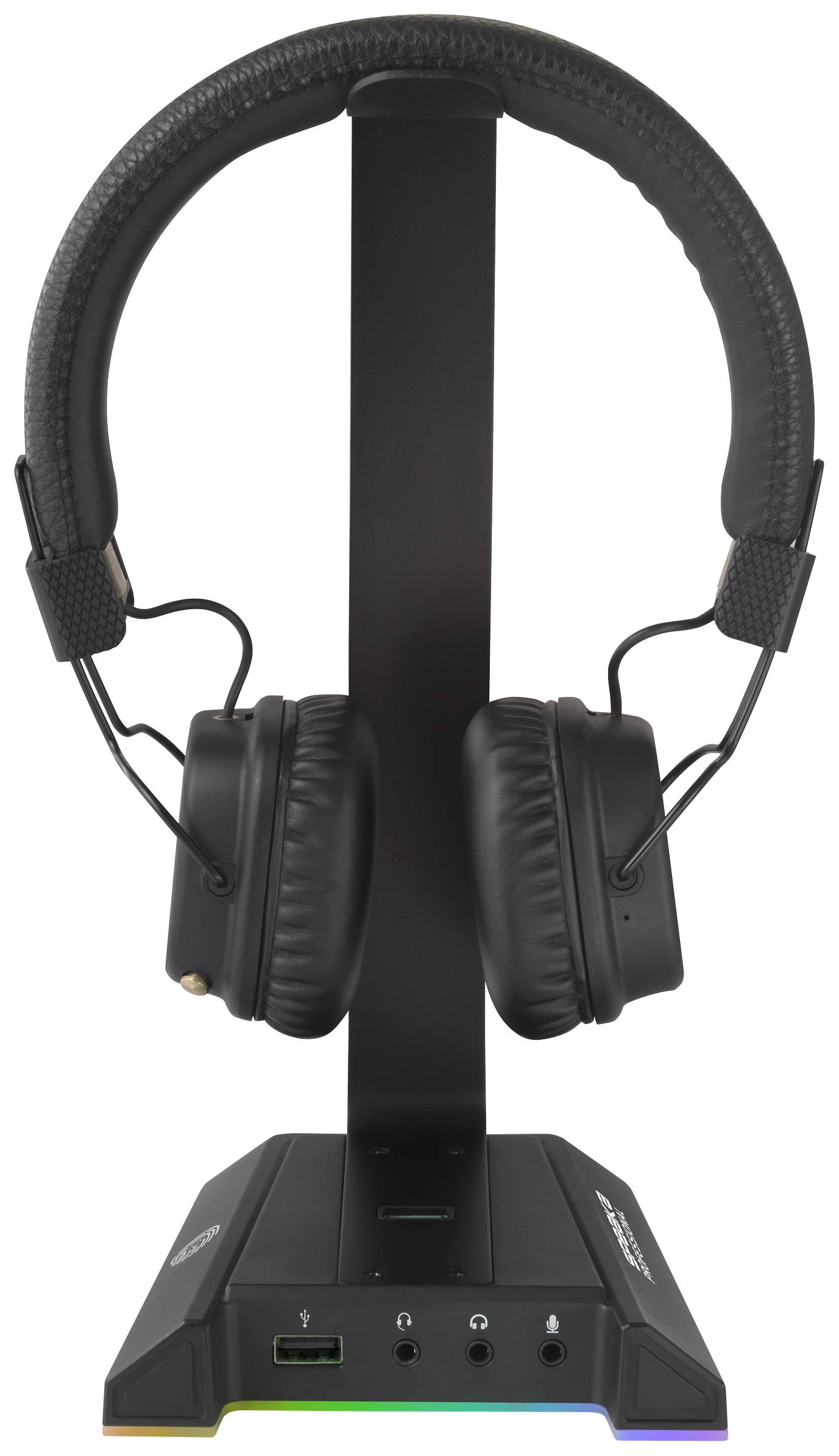 Zwarte over-ear koptelefoon op een standaard met verlichte voet. De standaard heeft aansluitingen aan de voorkant.