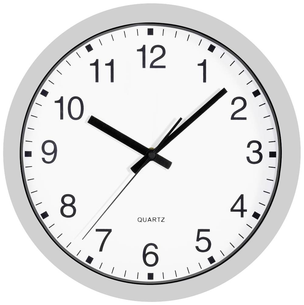 Analoge wandklok met een wit wijzerplaat, zwarte cijfers en wijzers. De klok wijst 10:10 uur aan.